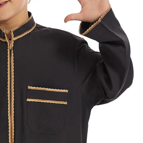 Muslim Abaya Islamic Thobe for Boys Long Sleeve Solid Festive Clothes Teen Kids Cozy Ramadan Prayer Thobe with Pocket - color: Black, size: 11-12 Years