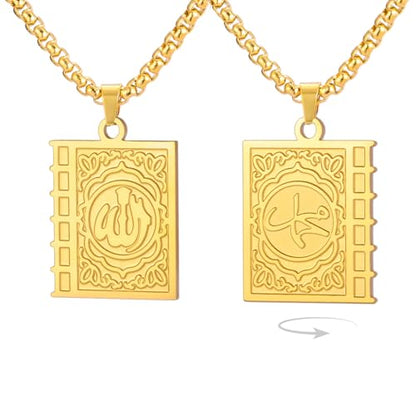 Islamic Necklace Double Sided Quran Book Muhammad Prophet Allah Pendant Arabic Calligraphy Ayatul Kursi Muslim Religious Jewelry Islam Eid Ramadan Gift for Men Women - color: gold