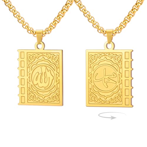 Islamic Necklace Double Sided Quran Book Muhammad Prophet Allah Pendant Arabic Calligraphy Ayatul Kursi Muslim Religious Jewelry Islam Eid Ramadan Gift for Men Women - color: gold