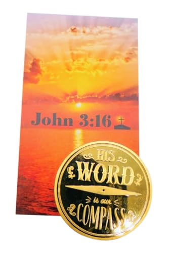 Westmon Works Gods Word is Our Compass Token Pack Metal Pocket Trinket with John 3:16 Christian Holy Card Gift Set