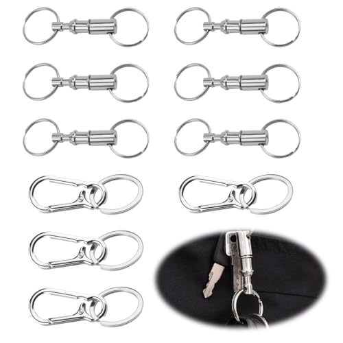 10 Pcs Quick Release Keychain and Key Rings, Stainless Steel Detachable Carabiner Clips Set with 360° Swivel Lock System, Men Women Car Keys Auto Enthusiasts Mechanics DIY Crafts Accessories (Silver)