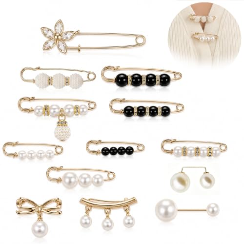 Brooch Safety Pins for Women, Decorative Pearl Pins for Clothes, Pant Waist Tightener for Jeans, Fashion Sweater Shawl Clips and Cover Up Buttons Clothing Accessories - color: 13Pcs Assorted