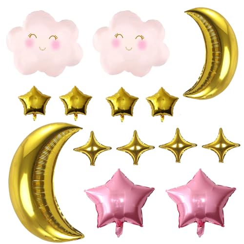 Star and Gold Moon Foil Balloons Cloud Balloons for Birthday Party Deco﻿ - color: Gold and Pink