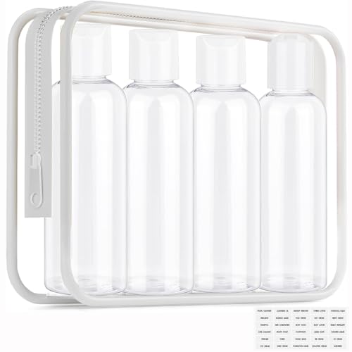 Moonlik Clear Toiletry Travel Bottles, 3.4oz/100ml TSA Approved Empty Containers with Toiletry Bag - Cosmetic Kit with Labels for Shampoo, Conditioner, Lotion, and Airplane Accessories(4Pack, White) - color: White