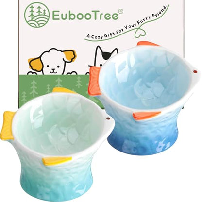 Cute Fish Shape Ceramic Elevated Cat Bowl for Food, 2-Pack | Shallow and Tilted Design, Whisker-friendly, Anti-vomiting, Non-slip base, Ideal for Wet Food, Kittens & Treats, Green & Blue