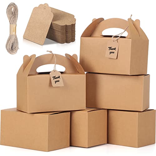 Mimorou 100 Pack Brown Gable Boxes Bulk with Tags and Twine, 6.2 x 3.5 x 3.5 Party Favor Treat Boxes for Candy Cookies, Treat Boxe for Wedding Birthday Bridal Shower Back to School Thanksgiving