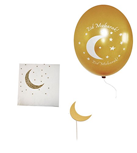 Zaffron Ramadan and Eid Gold Crescent Moon Party Packs (Napkins, Toppers, and Balloons) - color: Napkins, Toppers, and Balloons