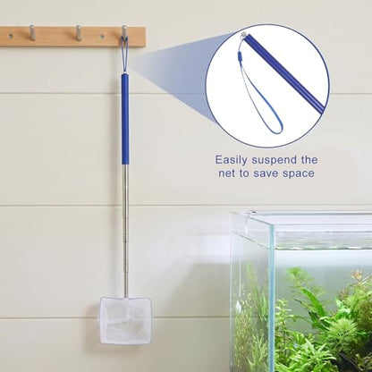 Aquarium Fish Net, 3.3 Inch Small Fish Nets with 8.7" to 39" Long Extendable Stainless Steel Handle & Small Soft Square Fine Mesh Fishs Net for Fishs Tank for Tank & Pond Food Residue Debris Skimming