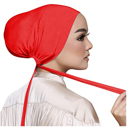 Chiffon Hijab with Undercap Fashion Solid Color Chiffon Head Wraps Under Scarf Caps Muslim Fashion Bandage - color: Red