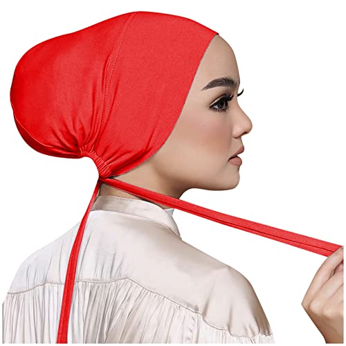 Chiffon Hijab with Undercap Fashion Solid Color Chiffon Head Wraps Under Scarf Caps Muslim Fashion Bandage - color: Red