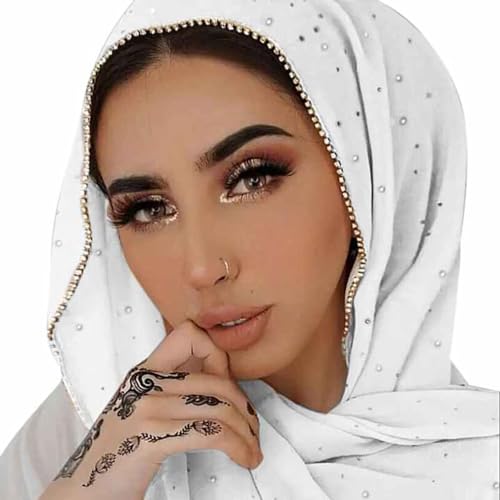 Hijab Scarf for Women Soft Chiffon Rhinestone Long Scarf Shawl Fashion Muslim Hijab Head Wrap Scarves - color: White