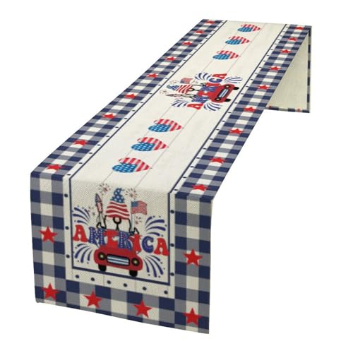 4th of July Table Runner,American Flag Plaid Stars Gnome Independence Day Table Cloth for Home Indoor Outdoor Kitchen Holiday Birthday Party Decor 13x36 Inch - color: American Flag-9, size: 13x36in