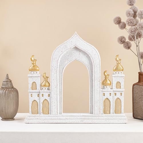 Ramadan Decorations for Home, Islamic Mosque Arch Figurine with Crescent Moon, Eid Mubarak Table Centerpiece, Muslim Home Decor for Ramadan, Eid Al-Fitr, Housewarming Gift,Resin,10.24 x 9.06 Inch