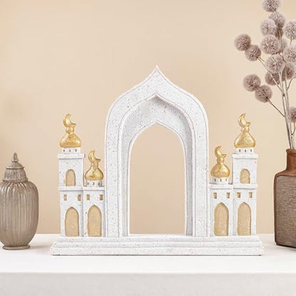 Ramadan Decorations for Home, Islamic Mosque Arch Figurine with Crescent Moon, Eid Mubarak Table Centerpiece, Muslim Home Decor for Ramadan, Eid Al-Fitr, Housewarming Gift,Resin,10.24 x 9.06 Inch
