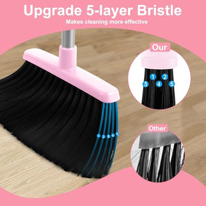 BSKLIN Broom and Dustpan Set for Home, 52” Long Handle Broom with Dustpan Combo Set with Dust Pan Teeth to Clean Hair Sweeping Set for Kitchen Hardwood Floors Pet Hair (Pink) - size: pink