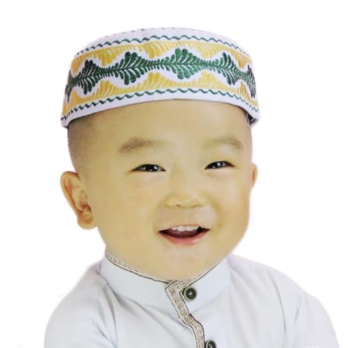 Boys Embroidered Kufi Muslim Prayer Hat Islam Skull Beanie Arabic Prayer Headwear Kofia Topi Taqiyah Hat 3-8Y - color: Yellow (Hat Circum 50cm)