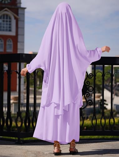 Abayas for Women Muslim Chiffon Prayer Burqa Dress Burkas for Women Muslim Hijab Dress Full Length Islamic Veil Abaya Set - color: Light Purple