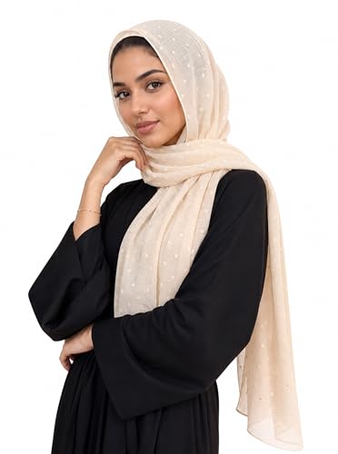 Chiffon Dotted Hijab Scarf for Women, Lightweight Textured Head Wrap Shawl,Soft Muslim Headscarf for Spring Fall - color: Mcmqxf2531-7#beige