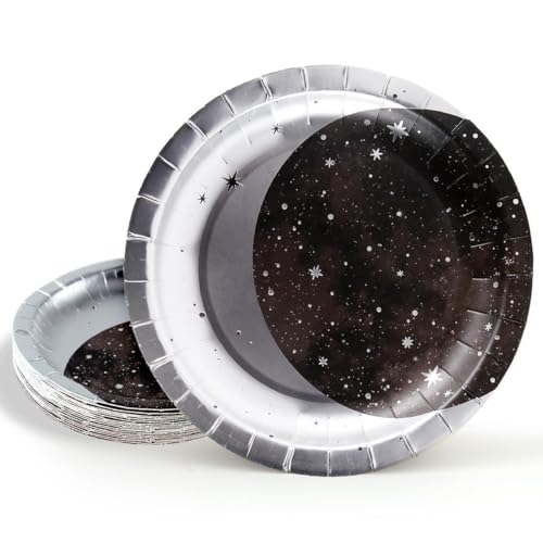 Cheerland Silver Moon Plates for Space Themed Party Decorations Galaxy Birthday Party Tableware Set Starry Night Outer Space Birthday Party Decorations Twinkle Twinkle Little Stars (24, Silver) - color: Silver