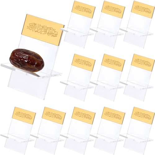 Potchen 12 Pack Ramadan Date Holders Acrylic Glass Bismillah Islamic Calligraphy Date Stands Home Table Centrepiece Decorations for Eid Ul Fitr Fasting Ramazan Adha Gifts Party Favors(Modern,Gold) - color: Gold, style: Modern