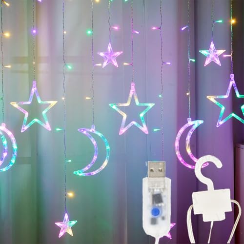 Star Moon Curtain Lights, 138 LED 7.5 FT Wide USB Powered Multicolor Window Fairy Lights, Fixed Four-Color Display with 8 Modes for Bedroom, Ramadan, Eid, Wedding and Party Decor - color: Multicolor