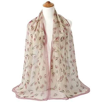 E-Clover Women Soft Floral Print Shawl Chiffon Sheer Scarf - color: Beige Pink Floral
