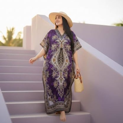 Women's Kaftan Dress – Loose Fit Maxi Gown – Kimono Style Beach Cover Up – Elegant Resort Wear and Nightwear - color: Purple