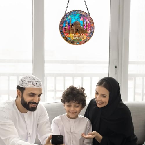 KYMY Ramadan Kareem Hanging Ornament, Acrylic Muslim Islamic Arabic Round Door Pendant, Mosque Ramadan Mubarak Elegant Islamic Hanging Decorations for Arabic Eid Mubarak Wall Door Window Home Office
