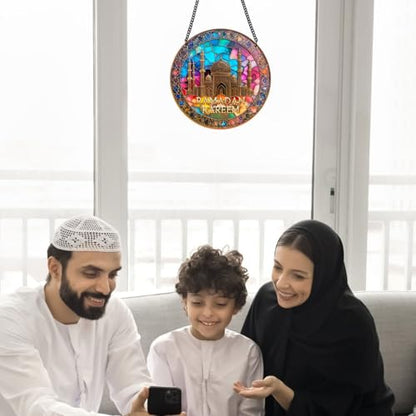 KYMY Ramadan Kareem Hanging Ornament, Acrylic Muslim Islamic Arabic Round Door Pendant, Mosque Ramadan Mubarak Elegant Islamic Hanging Decorations for Arabic Eid Mubarak Wall Door Window Home Office