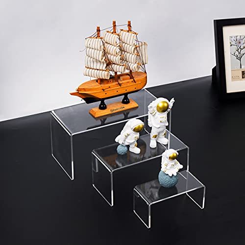 HIIMIEI Acrylic Risers for Display Clear 3-Tier Risers Stands Showcase for Amiibo Funko Pop Figures, Dessert, Jewelry-8.4"x 6.3"x 4.3" (2 Sets) - size: 8.4"x6.3"x4.3"