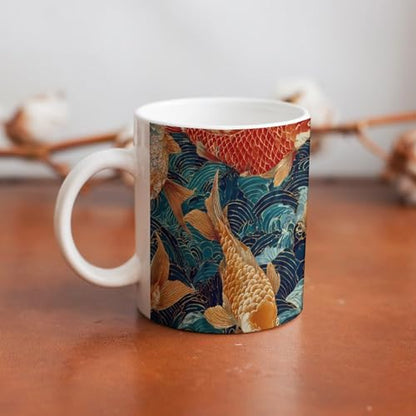 Japanese Fish Swimming Ocean Wave Ceramic Coffee Mug Tea Cup Unique Artistic Drinkware with Handle 12OZ