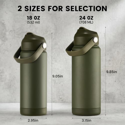 Fijinhom 18 oz Insulated Water Bottle with 2 Lids, Stainless Steel Water Bottles, Double Wall Vacuum, Portable Handle & Non-slip Bottom, BPA Free Leak Proof Metal Bottles, Keep Cold 24H, Green - color: Army Green, size: 18 Ounces
