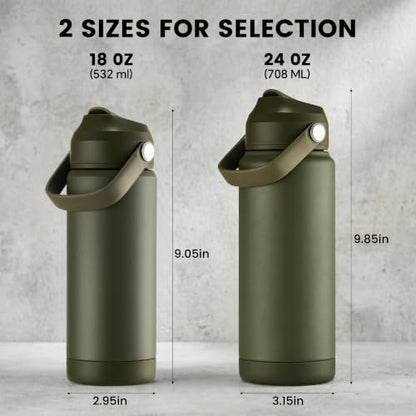 Fijinhom 24 oz Insulated Water Bottle with 2 Lids, Stainless Steel Water Bottles, Double Wall Vacuum, Portable Handle & Non-slip Bottom, BPA Free Leak Proof Metal Bottles, Keep Cold 24H, Green - color: Army Green, size: 24 Ounces