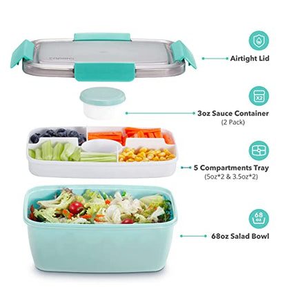 Caperci Large Salad Container Bowl for Lunch - Better Adult Bento Lunch Box 68 oz, 5-Compartment Tray, 2pcs 3-oz Sauce Cups, Stackable, BPA-Free (Aqua Sky) - color: Aqua Sky
