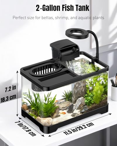 Pawfly 2 Gallon Fish Tank, Small Aquarium Kit, Betta Fish Tank Starter Kit with 6 W LED Light, 65 GPH Filter, Siphon Vacuum Water Changer & Basket, Aquarium for Betta, Shrim, or Small Fishes