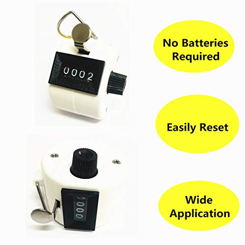 4 Digit Hand Tally Counter, Mechanical Lap Tracker Manual Clicker with Metal Finger Ring Hoop Holder - color: White