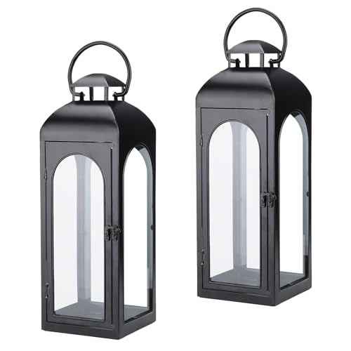 Bdor 16 Inch Outdoor Indoor Lantern, Set of 2 Black Metal Candle Lanterns - color: Black, size: 16 Inch and 16 Inch