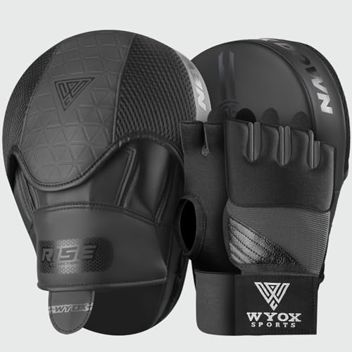 WYOX Gel Boxing Hand Wraps & Curved Focus Mitts Bundle for Men & Women Adults – 80cm Wrist Straps, Padded Knuckle Support, Neoprene Inner Glove Gel Padding, MMA Muay Thai Kickboxing Training Pads