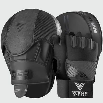 WYOX Gel Boxing Hand Wraps & Curved Focus Mitts Bundle for Men & Women Adults – 80cm Wrist Straps, Padded Knuckle Support, Neoprene Inner Glove Gel Padding, MMA Muay Thai Kickboxing Training Pads