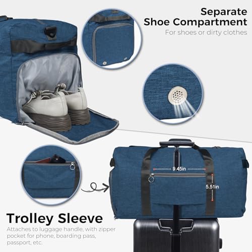 Fmeida 65L Duffle Bag with Shoes Compartment, Foldable Travel Duffel Bags for Men Women, Large Packable Travel Bag Water Repellent & Tear Resistant (Blue) - color: Textured Blue