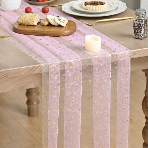 Artoid Mode Gold Stars Pink Gauze Table Runner 120 Inch 10FT, Reversible Glitter Sheer Dining Wedding Holiday Birthday Table Decor for Home Party - color: Pink Gold, size: 28" x 120"