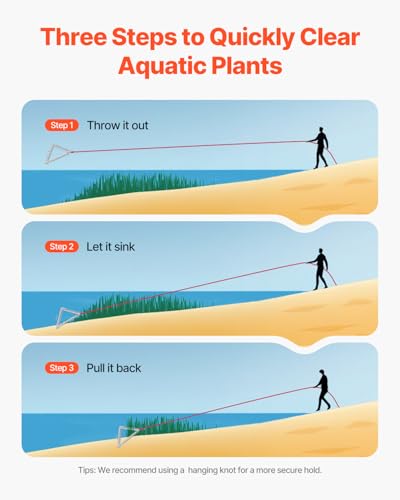 VEVOR 24in Aquatic Weed Rake, 3-Sided Lake Weed Rake with Handle, Portable and Foldable Pond Water Grass Razor, Stainless Steel Throwable Floating Pond Weeds Cutter with 30 ft Rope, for Lakes Ponds - size: 24in