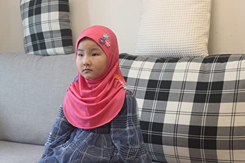 Girls Instant Hijab – Soft Kids Muslim Scarf with Flower, Breathable One-Piece Headscarf for Toddlers Age 2-8 - color: Rose Red