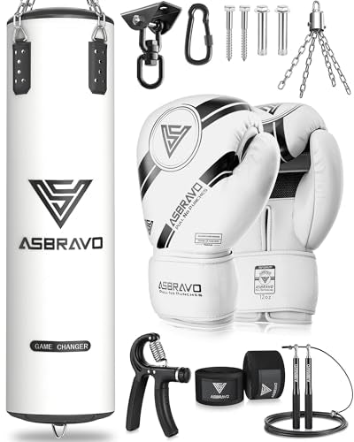 Punching Bag for Adults, 4ft PU Heavy Boxing Bag Set 12OZ Gloves for MMA Muay Thai Kickboxing Training Home Gym, Martial Art (Unfilled) - color: White