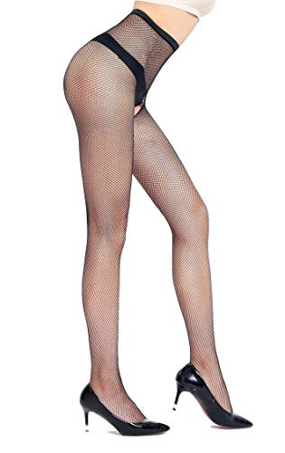 E-Laurels Womens High Waist Patterned Fishnet Tights Suspenders Pantyhose Thigh High Stockings Black - color: Black 5041