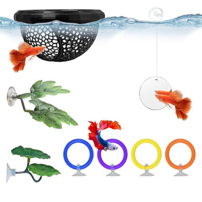 Floating Betta Hammock & Fish Toys Set,7Pcs Betta Fish Tank Accessories Mirror and Exercise Ring with Leaf Hammock Simulates Natural Habitat Comfortable Resting for Betta, Shrimp & Small Fish