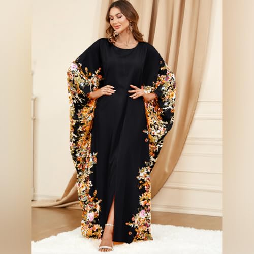 ODIZLI Ramadan Abaya for Women Muslim Batwing Sleeve Floral Print Prayer Dress Dubai Turkey Kaftan - color: Black