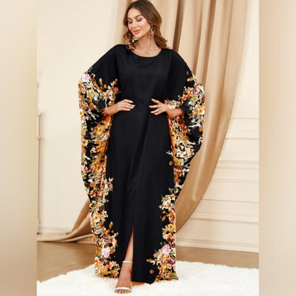 ODIZLI Ramadan Abaya for Women Muslim Batwing Sleeve Floral Print Prayer Dress Dubai Turkey Kaftan - color: Black