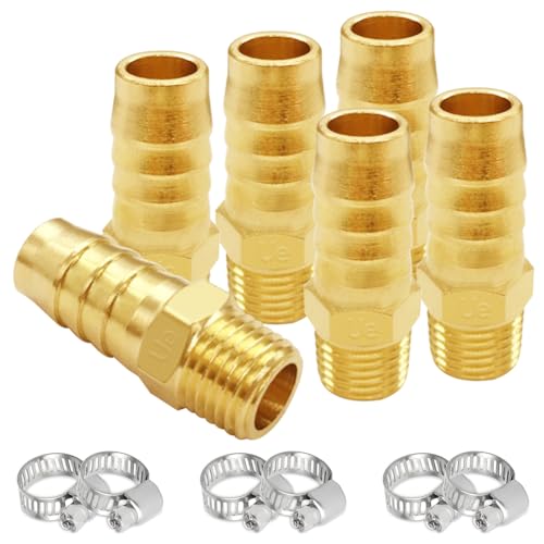 Uenede Brass 1/4" NPT Male to 3/8" Hose Barbed Fittings, 6PCS | Barb Pipe Fittings with Clamps Air Line Repair Connectors for Water Oil Gas - size: 3/8"Barb, style: 1/4"NPT Male