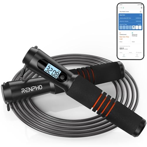 RENPHO Smart Jump Rope with Counter, App Data Tracking, LCD Display | App Data Storage & Analysis, Tangle-Free Design, Adjustable Workout Rope, Fitness Training for Crossfit, Gym & MMA - color: C-Black Steel wire rope 1 pc